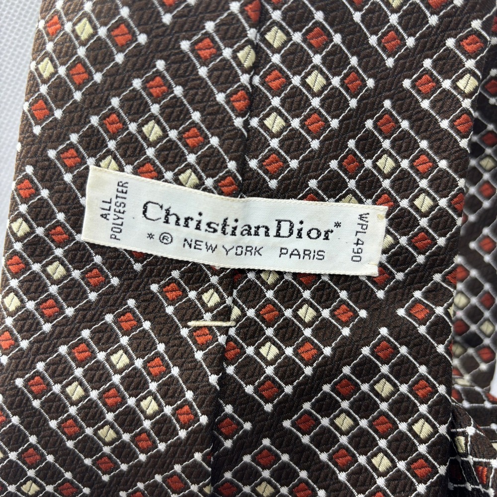 Christian Dior Necktie Brown Geometric Diamond Pattern Men's Tie 70s Disco Retro - Picture 5 of 8